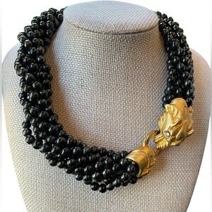 Vintage 80’s Donald Stannard Black Glass Bead Panther Collar